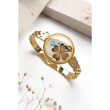 Luna Jewelry Kadın Gold Renk Yonca Model Açılabilir Çerçeveli 316 L Çelik Kelepçe Bileklik