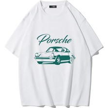 Brz Collection Unisex Oversize Vintage Porsche T-Shirt (Beyaz)