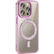Ummeslem Apple iPhone 15 Pro Max Için Uyumlu Kılıf Kapak Pırlanta Taş M-Safe Şarj Özellikli Karetta Silikon
