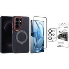 Vendas Galaxy S26 Ultra Kılıf M-Safe Şarj Özellikli Karbon Fiber Görünümlü Zore Standlı Troy Kapak + Safir Kamera Lens + Cam Ekran Koruyucu