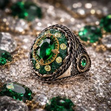 Siset Gümüş 925 Ayar Yeşil Kehribar  Üzerinde  Yeşil Zirkon  Taşlı Erkek Gümüş  Yüzük