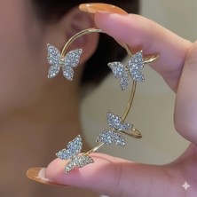 Akses Dünya Kelebek Figürlü Gold Renkli Taşlı Earcuff Küpe Zirkon Taş Kadınlar İçin Şık Tasarım