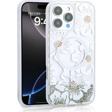 Ahlttiba Apple iPhone 15 Pro Max Için Uyumlu Kılıf Sıvılı Simli Baskılı Şeffaf Arka Yüzey Mossa Silikon Kapak