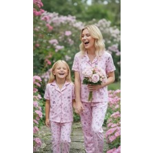 NiCe İç Giyim Hello Kitty Lisanslı Anne & Kız Pembe Gömlek Yaka Düğmeli Pijama Takım Yumuşacık %100 Pamuk