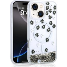 Apple iPhone 15 Için Uyumlu Kılıf Kapak Sıvılı Simli Baskılı Şeffaf Arka Yüzey Mossa Silikon