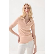 Gusto Polo Yaka Kaşkorse Tshirt - Pudra