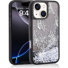 Ummeslem Apple iPhone 13 Için Uyumlu Kılıf Sıvılı Simli Kelebek Baskılı Şeffaf Arka Yüzey Glis Silikon Kapak