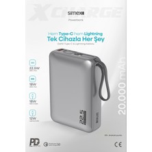Simex 20.000 mAh 22,5W/PD Hızlı Şarj Kendinden Kablolu ve Şarj Göstergeli Taşınabilir Powerbank