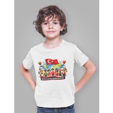 Ontunew 23 Nisan Baskılı Bisiklet Yaka Pamuklu Kısa Kollu Erkek ve Kız Çocuk Tişört