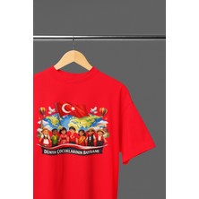 Ontunew 23 Nisan Baskılı Bisiklet Yaka Pamuklu Kısa Kollu Erkek ve Kız Çocuk Tişört