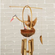 WoodBay Ahşap Bambu El Yapımı Yavrulu Leylek Rüzgar Çanı | Balkon Bahçe Kapı Süsü | Hindistan Cevizi