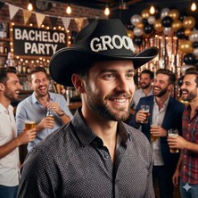 Dodomar Kovboy Şapka Siyah GROOM Taşlı Lüx 60 cm Baş Çevresi Bekarlığa Veda Aksesuarı