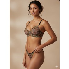 Kadın Leopar Desenli Çiçek Nakışlı Transparan Balenli Tül Sütyen & Tanga Brode Takım