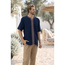 Erkek Müslin Kumaş Önü Etnik Şerit Detaylı Vyaka Gömlek - Lacivert