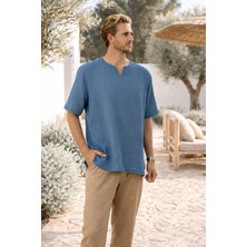 Müslin V Yaka Kısa Kollu Erkek T-Shirt Gömlek - Indigo