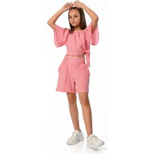 İrem Çocuk Giyim Kız Çocuk Bluzun Yanı Büzgülü Kol Modelli  Şortlu Pembe Renk İkili Takım