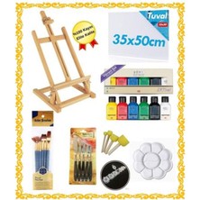 İnci Tuval Elit Kayın 80CM Masaüstü Şövale Başlangıç Seti Akrilik Boya Fırça Spatula Palet Seti