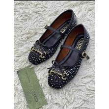 Evlium Siyah Taşlı Kadın Babet - Işıltılı Mary Jane Ayakkabı