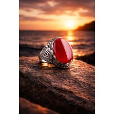 Siset Gümüş 925 Ayar Oval Kırmızı Akik Taşlı Erkek Gümüş  Yüzük