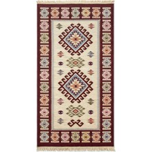 4mhome Etnik Desenli Saçaklı Dekoratif Kilim Bordo Krem Bohem Kilim