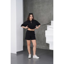 Dı Loria Kadın Siyah Rahat Kesim Fermuarlı Sweat Şortlu Takım