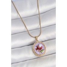 316L Çelik Gold Renk Zincir Mor Mineli Incili Çiçek Işlemeli Portre Model Kadın Kolye - Lisinya