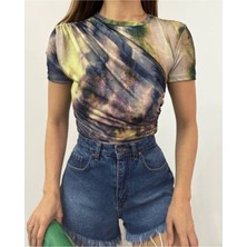 Moda Morfo Bel Omuz Büzgülü Batik Baskı Sendy Bluz  -Yeşil