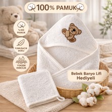 Taya Home %100 Pamuk Ayıcık Desen Bebek Kundak Lüks Banyo Havlusu ve Banyo Lifi Seti