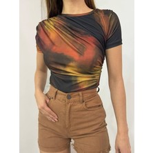 Moda Morfo Bel Omuz Büzgülü Batik Baskı Sendy Bluz  -Kiremit