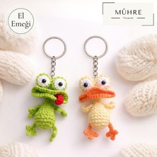 Kurbağa ve Ördek Çift Arkadaşlık Anahtarlığı Charm Hediyelik %100 Pamuklu Organik Amigurumi Örgü