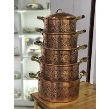Maraş Bakırcılık - El Işçiliği 5'li Derin Bakır Tencere Seti - Oyma Işlemeli - (3l / 4l / 5l / 6l / 7l) - Içi Kalaylı