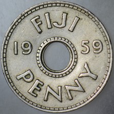 Banknoting Fiji 1 Penny 1959 Kraliçe Iı. Elizabeth. 26 Mm.