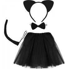 Pileli Store Pilelistore Kedi Eteği Tacı Kuyruğu ve Papyon Seti Siyah Renk Çocuk Boy