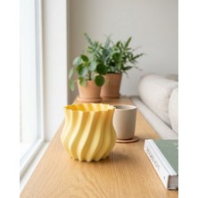 Karahanbey Sarı Kıvrımlı 3D Vazo Estetik Ev Ofis Dekoru -