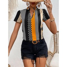 Arben Boutique Kadın Çentik ve Büzgülü Yaka, Desenli Mikro Kumaş Bluz