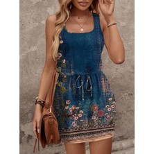 Mericline Kadın Askılı Yuvarlak Yakalı Beli Kusaklı Çiçek Desenli Kısa Süprem Elbise