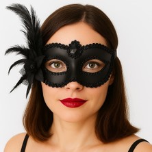 SHC4200 Siyah Mat Renk Yandan Tüylü Güllü Parti Balo Venedik Maskesi 16X22