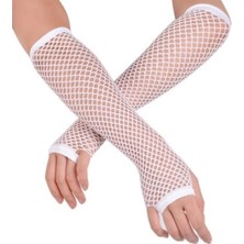 Pileli Store Uzun File Örgü Eldiven Beyaz Renk