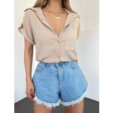 Moda Morfo Duble Kol Tek Cepli Bürümcük Gömlek  -Bej