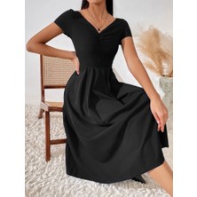 Sun & North Sun&north Kadın Kısa Kollu V Yakalı Önden Pileli Janjan Krep Elbise