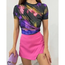 Moda Morfo Bel Omuz Büzgülü Batik Baskı Sendy Bluz -Mor