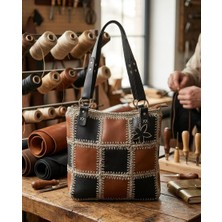 İlke Çanta Dünyası Ilke Çanta Dünyası El Yapımı Supra Örgü Patchwork Taba-Siyah Deri Büyük Boy Tote El - Omuz Çantası