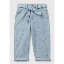 United Colors Of Benetton Kız Çocuk Açık Mavi Çiçek Desenli Beli Bağlamalı Paçası Kıvrık Denim Pantolon