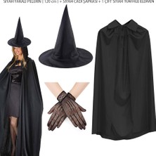 Uravas Store 120 cm Siyah Yakalı Cadı Pelerini Cadı Şapkası 1 Çift Siyah Kısa File Tüm Eldiven Seti 3 Parça