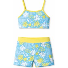 Alkın Kids 8-12 Yaş Kız Çocuk Tropikal Yaprak Desenli Büstiyer ve Şort Ikili Mayo Seti