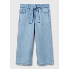 United Colors Of Benetton Kız Çocuk Açık Denim %100 Liyosel Taş Yıkama Kuşaklı Wide Leg Denim Pantolon