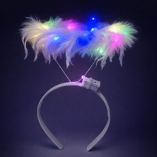 Timion Renkli LED Işıklı Beyaz Tüylü Püsküllü Parti Tacı