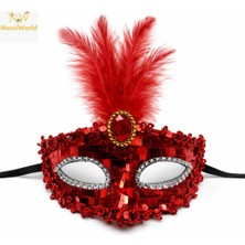 Timion Lüks Kırmızı Tüylü Taşlı Balo Maskesi