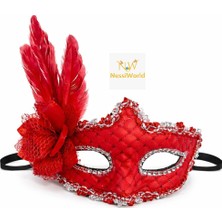 Timion Kırmızı Tüylü Venedik Lüks Balo Maskesi