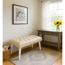 Waterybrook Bench Bank Puf - Suni Deri - Beyaz Ahşap Ayaklı - Retro Modern Tasarım & Dekoratif Sehpa